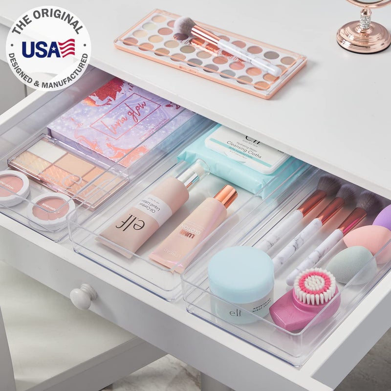 STORi SimpleSort 3-Piece Stackable Clear Drawer Organizer Set | 12"" x 6"" x 2"" Rectangle Trays | Wide Makeup Vanity Storage Bins and Office Desk Drawer Dividers | Made in USA - Image 2